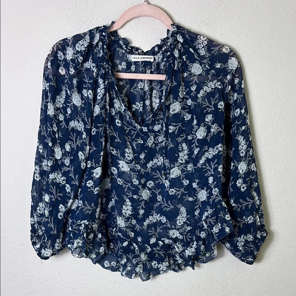 Ulla Johnson Rosine 100% Silk Sheer Blouse Top In Azure Blue size 0